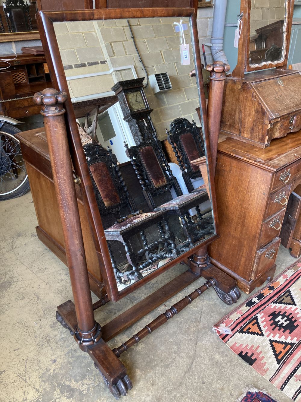 An early Victorian mahogany cheval mirror, width 76cm, height 136cm